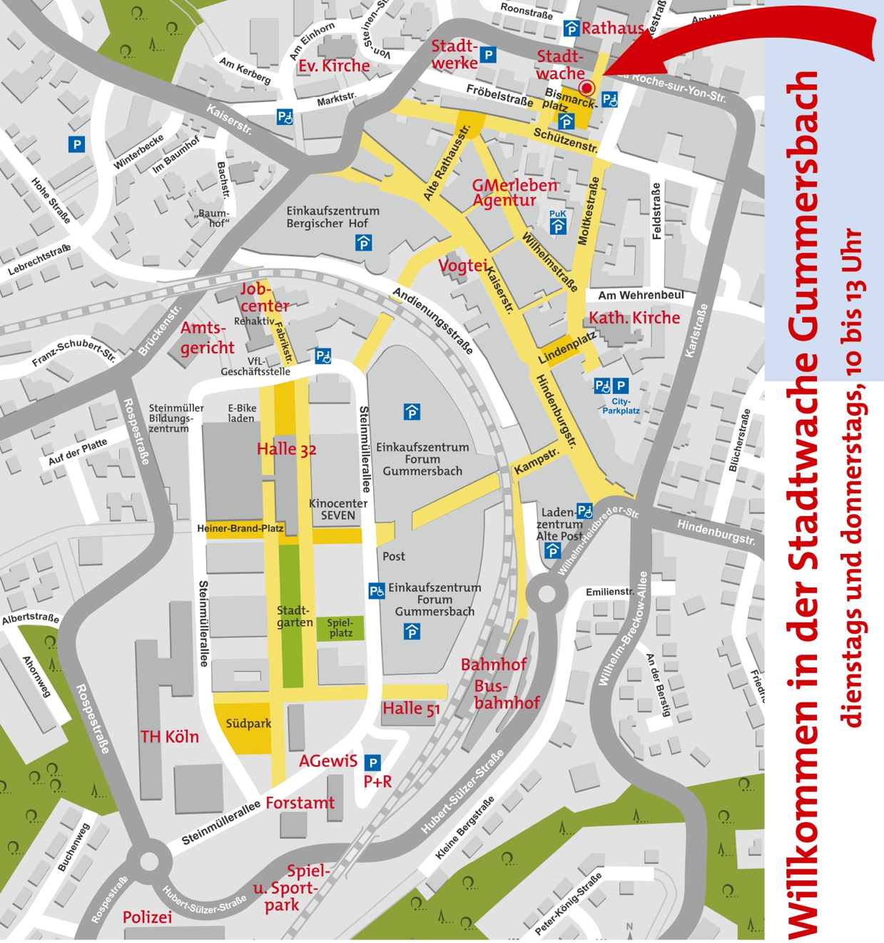 Skizze Gummersbacher Innenstadt mit Hinweis Stadtwache