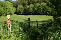 Foto: Wanderweg  zwischen Lieberhausen - Niederrengse; Kennzeichnung mit X, mit schwarzem Kringel auf gelbem Grund für den Bergiscehn Panoramaweg und weiße 10 auf rotem Grund für den Streifzug Energieweg.